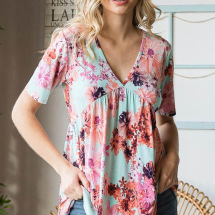 Heimish Full Size Floral V-Neck Short Sleeve Babydoll Blouse - MimiStylez