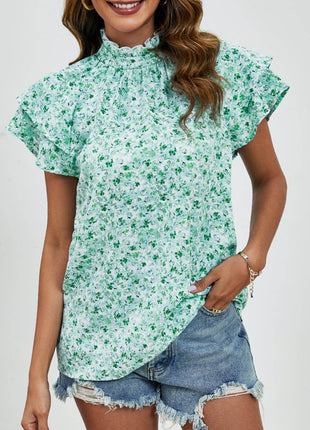 Ditsy Floral Mock Neck Flounce Sleeve Blouse - MimiStylez