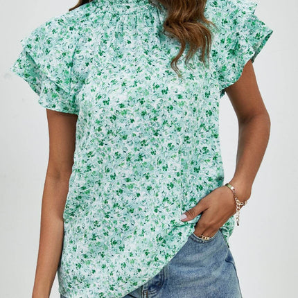 Ditsy Floral Mock Neck Flounce Sleeve Blouse - MimiStylez