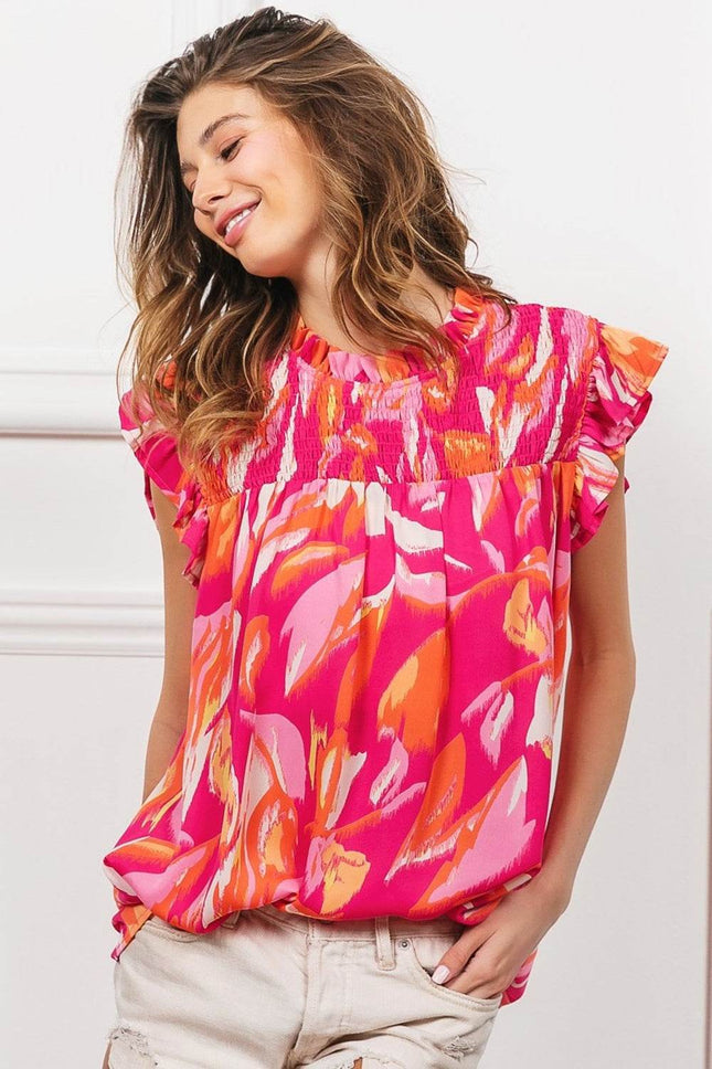 BiBi Smocked Yoke Ruffled Floral Top - MimiStylez