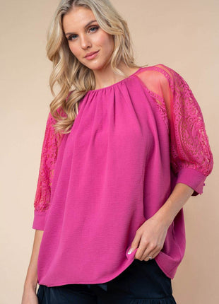 White Birch Round Neck Lace Half Sleeve Blouse - MimiStylez