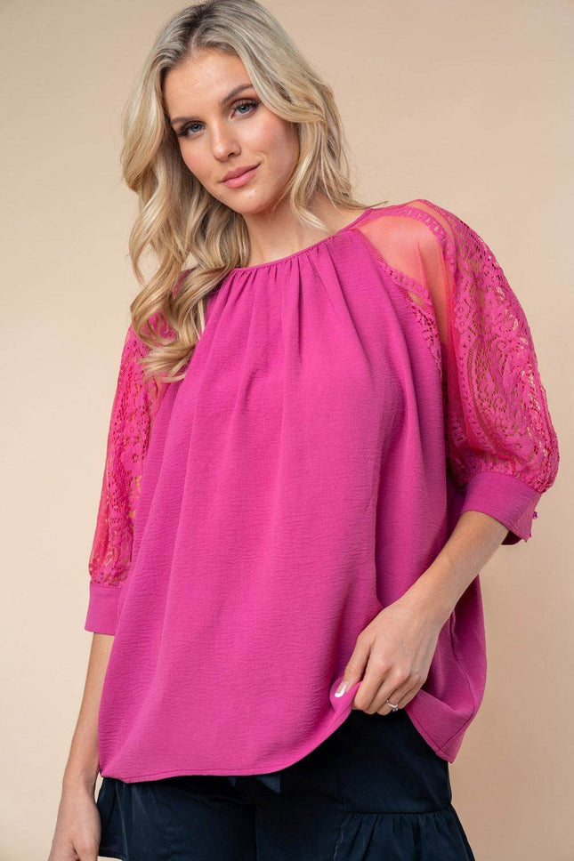 White Birch Round Neck Lace Half Sleeve Blouse - MimiStylez