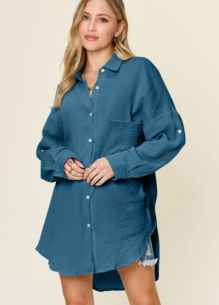 Double Take Full Size Pocketed Texture Button Up Shirt - MimiStylez