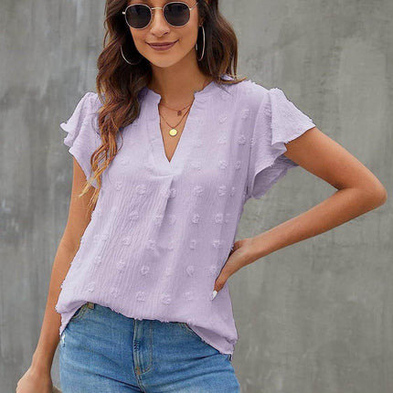 Swiss Dot Notched Cap Sleeve Blouse - MimiStylez