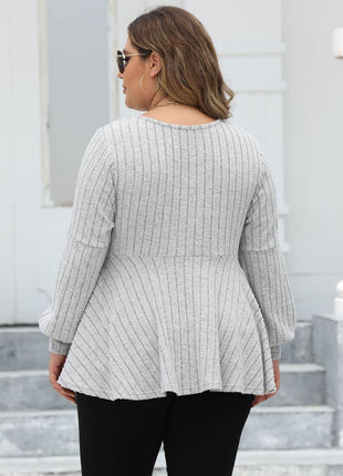 Plus Size Ribbed V-Neck Long Sleeve Blouse - MimiStylez