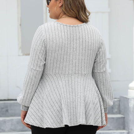Plus Size Ribbed V-Neck Long Sleeve Blouse - MimiStylez