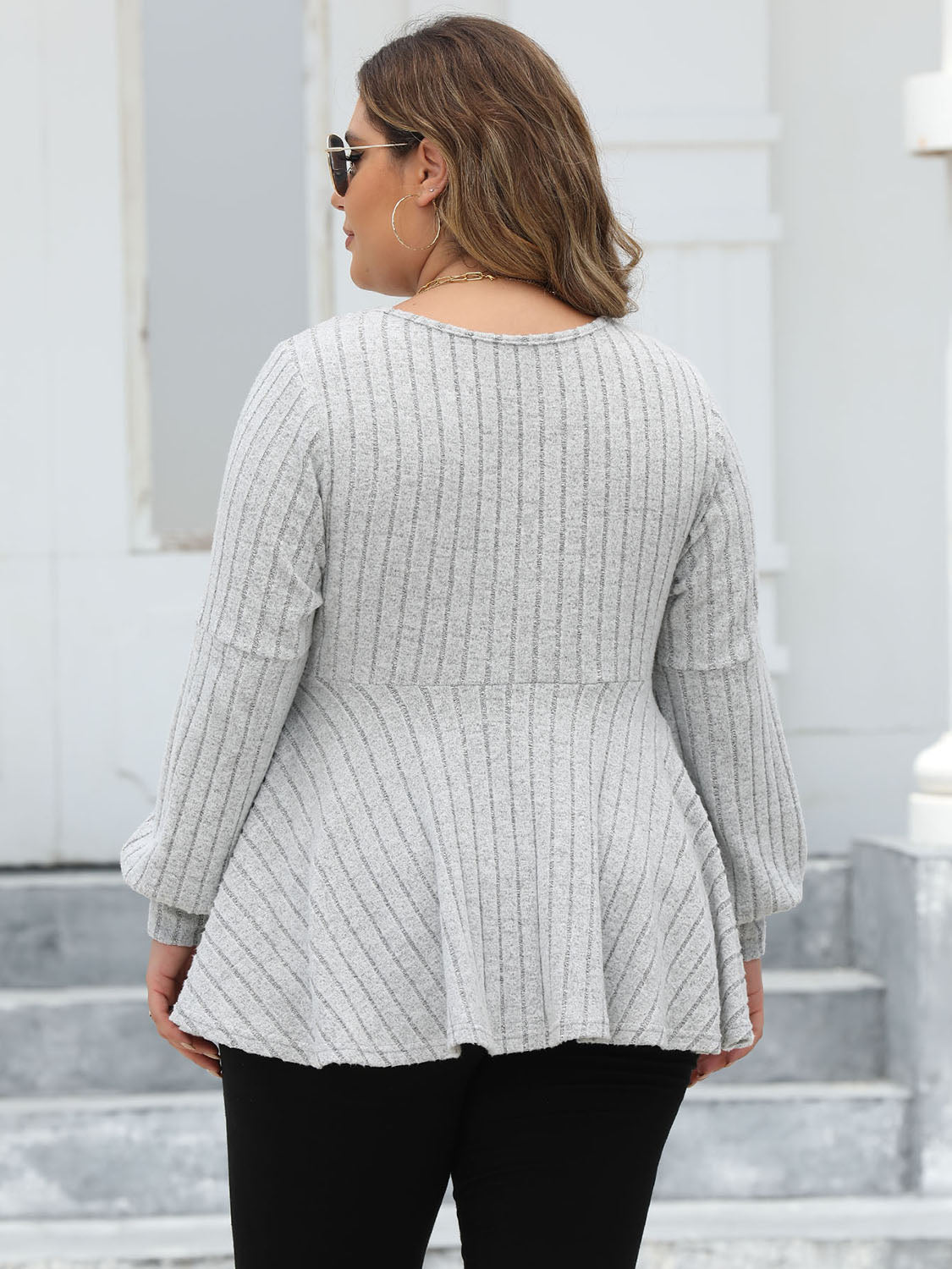 Plus Size Ribbed V-Neck Long Sleeve Blouse