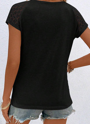Cutout Round Neck Lace Short Sleeve T-Shirt - MimiStylez