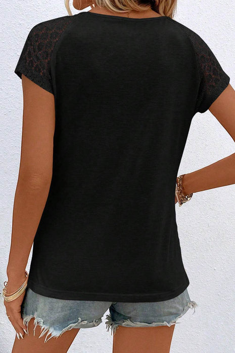 Cutout Round Neck Lace Short Sleeve T-Shirt - MimiStylez