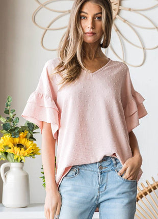 Heimish Full Size Swiss Dot Ruffle Short Sleeve Top - MimiStylez