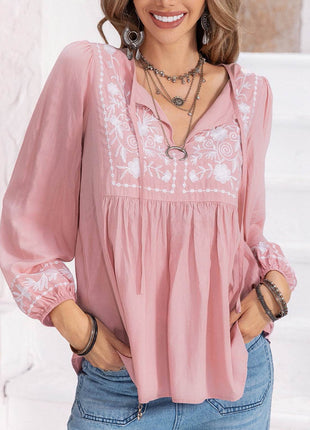 Floral Tie Neck Balloon Sleeve Blouse - MimiStylez