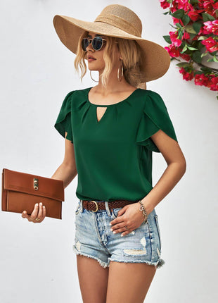 Cutout Round Neck Petal Sleeve Blouse - MimiStylez