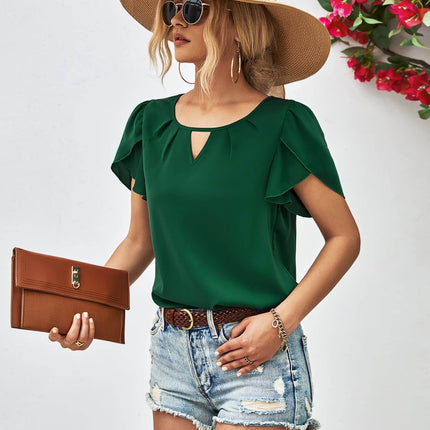 Cutout Round Neck Petal Sleeve Blouse - MimiStylez