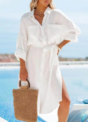 Button Down Tie Waist Shirt Dress - MimiStylez