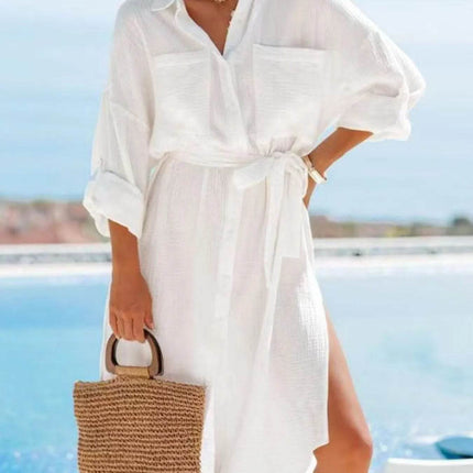 Button Down Tie Waist Shirt Dress - MimiStylez