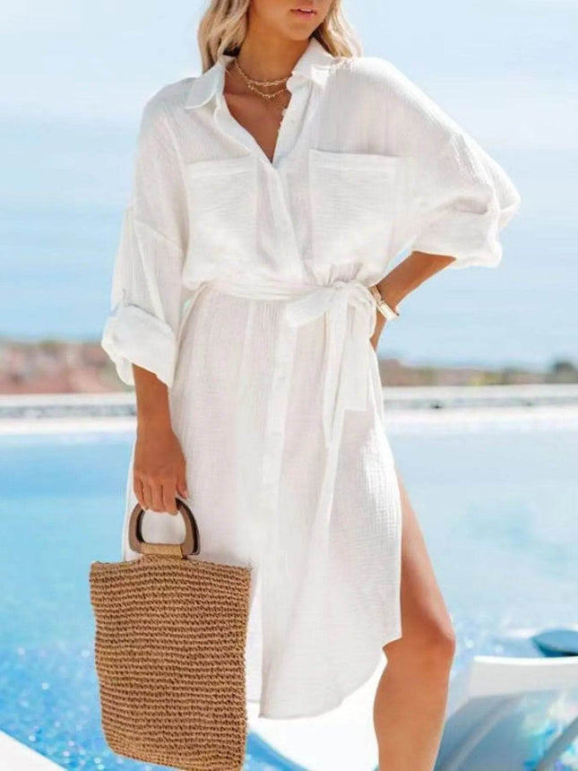 Button Down Tie Waist Shirt Dress - MimiStylez