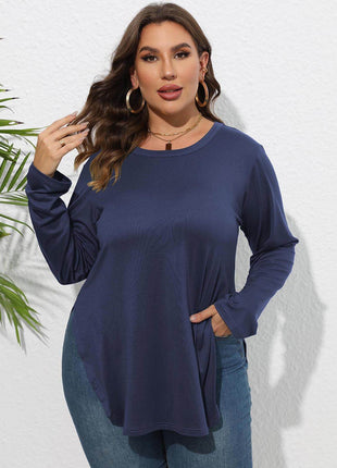 Plus Size Round Neck Long Sleeve Slit T-Shirt - MimiStylez
