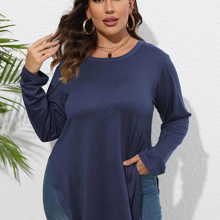 Plus Size Round Neck Long Sleeve Slit T-Shirt - MimiStylez