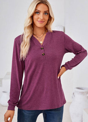 V-Neck Buttoned Long Sleeve Blouse - MimiStylez