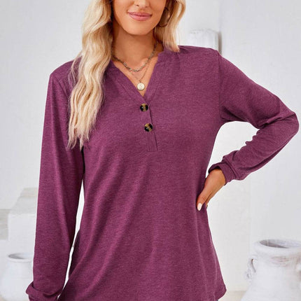 V-Neck Buttoned Long Sleeve Blouse - MimiStylez