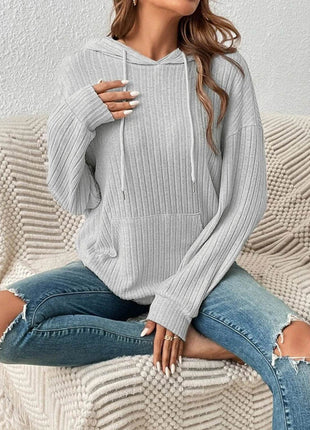 Ribbed Dropped Shoulder Drawstring Hoodie - MimiStylez