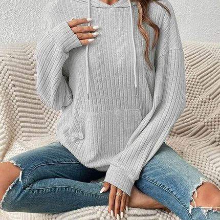 Ribbed Dropped Shoulder Drawstring Hoodie - MimiStylez