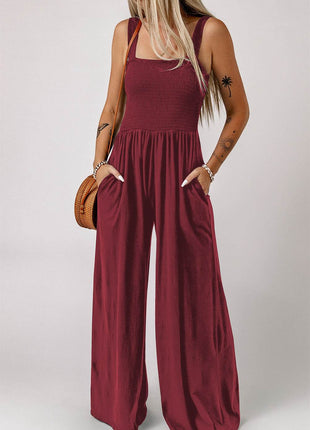 Smocked Square Neck Wide Leg Jumpsuit with Pockets - MimiStylez