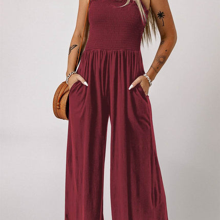 Smocked Square Neck Wide Leg Jumpsuit with Pockets - MimiStylez