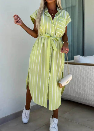 Striped Tie Waist Short Sleeve Dress - MimiStylez