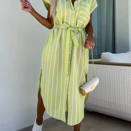 Striped Tie Waist Short Sleeve Dress - MimiStylez