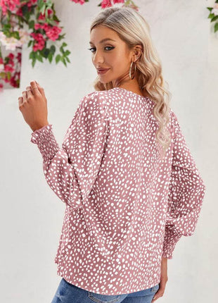 Printed V-Neck Lantern Sleeve Blouse - MimiStylez