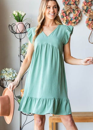 Heimish Full Size Short Sleeve V Neck Ruffled Hem Dress - MimiStylez