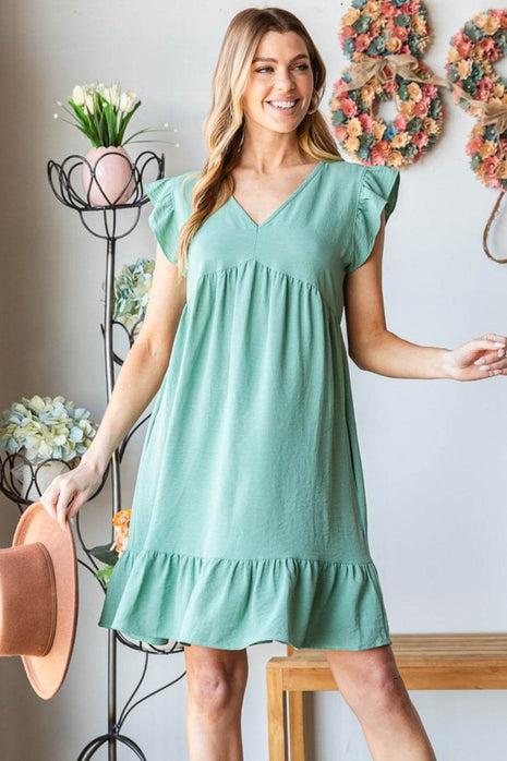 Heimish Full Size Short Sleeve V Neck Ruffled Hem Dress - MimiStylez