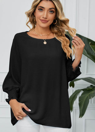 Smocked Lantern Sleeve Round Neck Blouse - MimiStylez