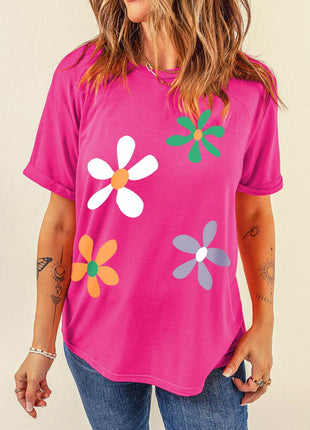 Flower Round Neck Short Sleeve T-Shirt - MimiStylez