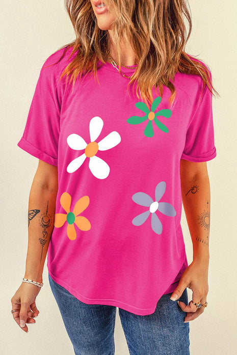 Flower Round Neck Short Sleeve T-Shirt - MimiStylez