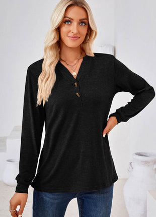 V-Neck Buttoned Long Sleeve Blouse - MimiStylez