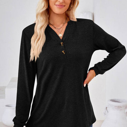 V-Neck Buttoned Long Sleeve Blouse - MimiStylez