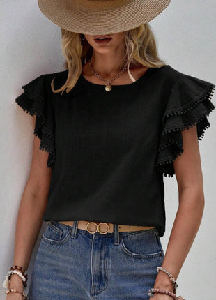 Ruffled Cap Sleeve Round Neck Blouse - MimiStylez