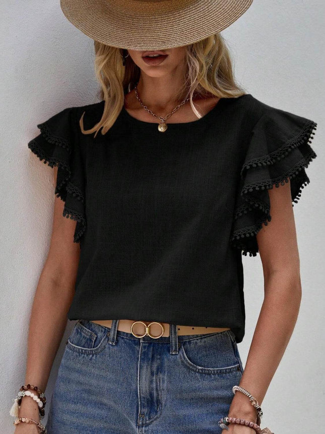 Ruffled Cap Sleeve Round Neck Blouse - MimiStylez