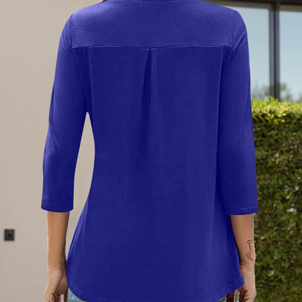 Notched Three-Quarter Sleeve T-Shirt - MimiStylez