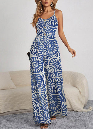 Decorative Button Spaghetti Strap Wide Leg Jumpsuit - MimiStylez