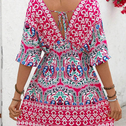 Printed Tie Back Half Sleeve Mini Dress - MimiStylez
