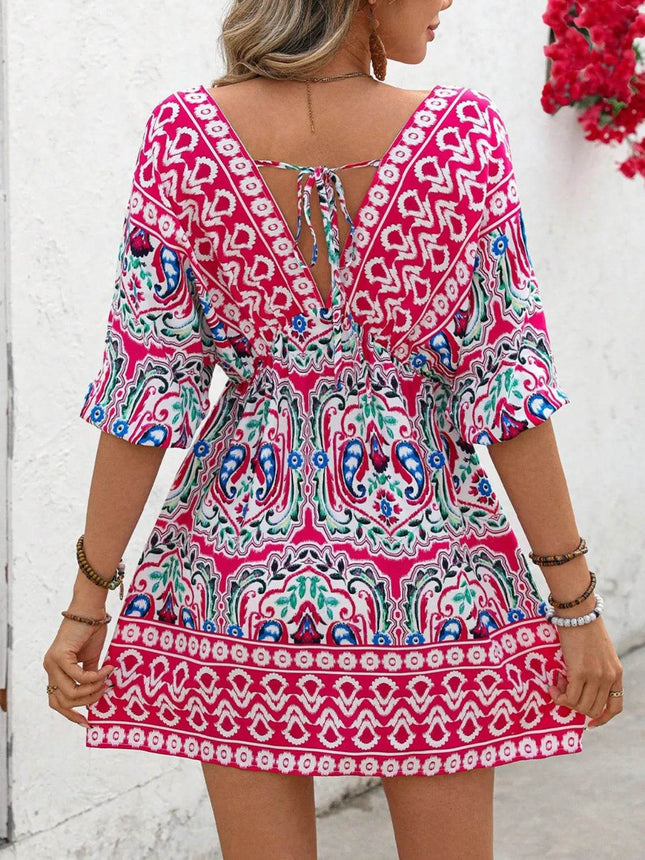 Printed Tie Back Half Sleeve Mini Dress - MimiStylez