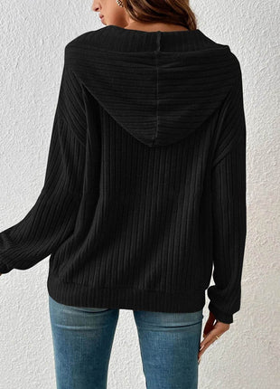 Ribbed Dropped Shoulder Drawstring Hoodie - MimiStylez