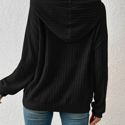 Ribbed Dropped Shoulder Drawstring Hoodie - MimiStylez