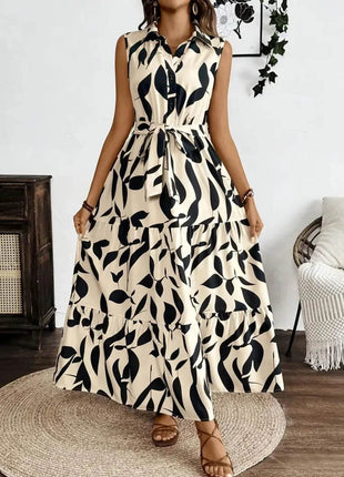 Printed Tie Waist Sleeveless Maxi Dress - MimiStylez
