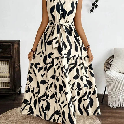 Printed Tie Waist Sleeveless Maxi Dress - MimiStylez