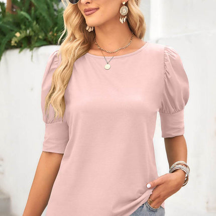 Round Neck Lantern Sleeve Blouse - MimiStylez