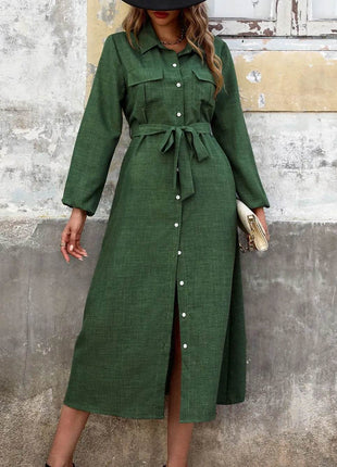 Perfee Collared Neck Long Sleeve Midi Shirt Dress - MimiStylez